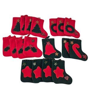 Mini Christmas Stocking Set of 18 Ornaments Red Green Felt With Applique Designs